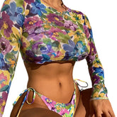 Floral Lace-Up Long Sleeve Swimsuit